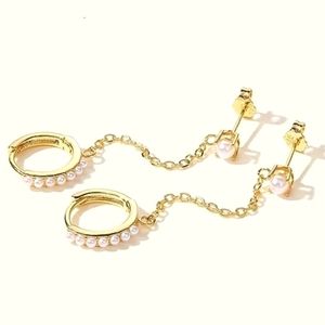Gold Double Pierced Ears Chain Linked Pearl Stud Pearls Hoops Hoop Earrings New